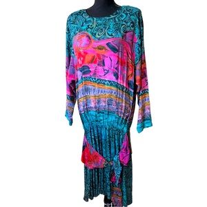 VTG Carole Little Vibrant Print Blouson Drop Waist Dress